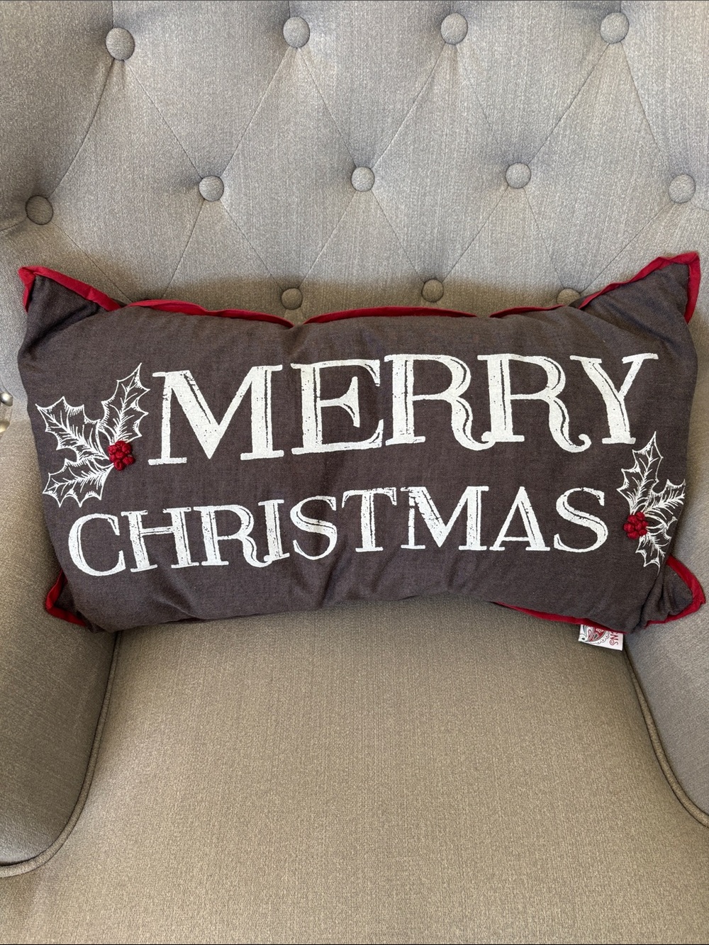 Merry Christmas Holiday Accent Throw Pillow - Red and Gray Removable Cover